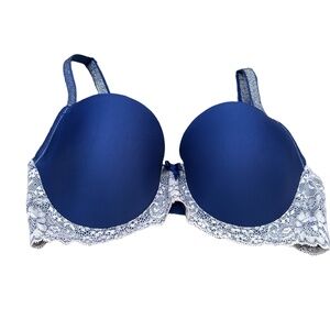 Victorias Secret Dream Angels Lined Demi Blue/Silver Underwire Lace Trim Bra 34D